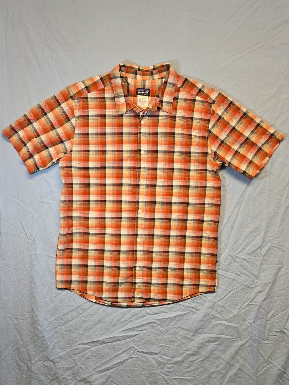 Patagonia Orange and Cream Flannel Short Sleeve Button Down Casual Dress Shirt
